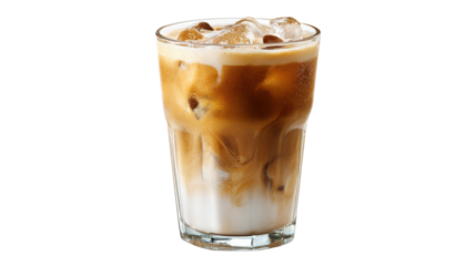 Iced coffee with milk in a transparent glass, perfect for a refreshing summer beverage.