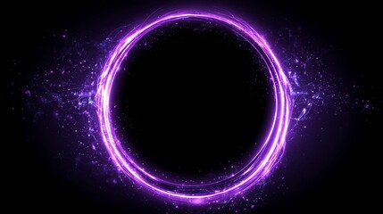 Luminous purple ring with particles on black background