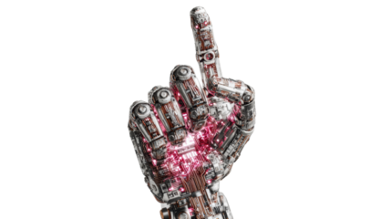 Innovative robotic hand showing a raised finger, showcasing advanced technology and design.