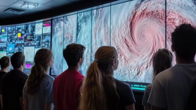 A group watches a huge storm system displayed on a large screen. The screens appear inside a hydrometric center, offering updated weather patterns