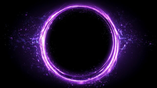 Luminous purple ring with particles on black background