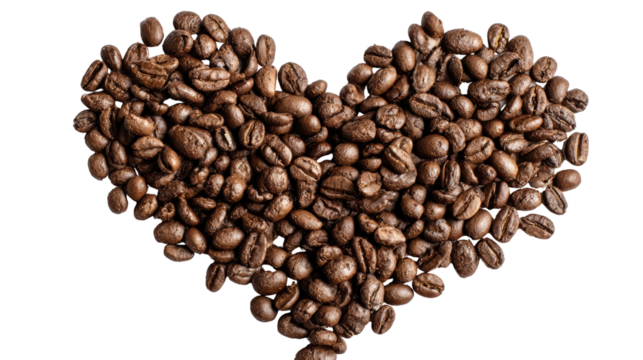 Heart shape made of roasted coffee beans on white isolate background.