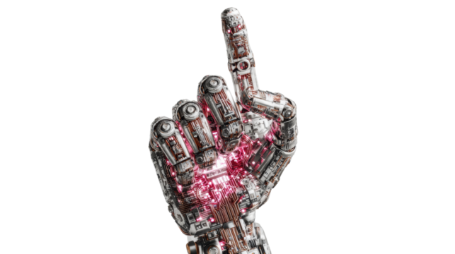 Innovative robotic hand showing a raised finger, showcasing advanced technology and design.