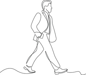 Confident Businessman Walking with Hands in Pockets. Minimalist Continuous Line Art of Modern Professional Success