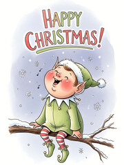 christmas poster with elf singing happy christmas, christmas card with musical notes and snowy tree branch, festive card with colorful outfit and cheerful winter scene
