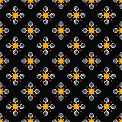 Seamless pattern, geometric shapes, floral patterns, red, yellow, black.