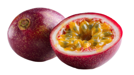 Passion fruit, halved, showcasing vibrant interior, placed on a white isolated background.