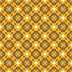 Seamless pattern, geometric shapes, floral patterns, red, yellow, black.