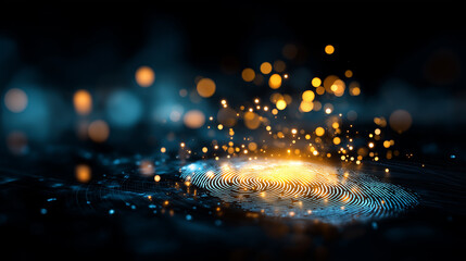 Digital fingerprint scanning technology glowing, defocused abstract background, biometric security concept, data protection technology, identity verification system, cybersecurity