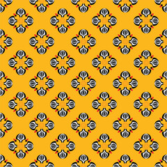 Seamless pattern, geometric shapes, floral patterns, red, yellow, black.