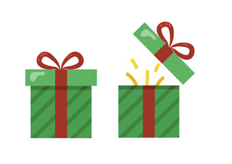 Open and closed Christmas gift boxes set. Holiday surprise reveal vector illustration. Flat design presents for unboxing concept.