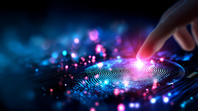 Digital fingerprint scanning technology glowing, defocused abstract background, biometric security concept, data protection technology, identity verification system, cybersecurity  - Powered by Adobe