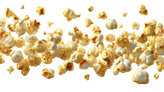 Popcorn kernels flying in mid-air, isolated on a white background.