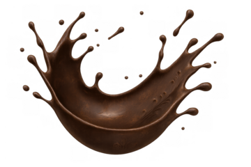 Chocolate milk splash creating a dynamic liquid curve with drops flying, isolated on transparent background