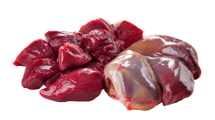Obraz premium Raw meat cuts isolated with a white background, showcasing liver and other organs.