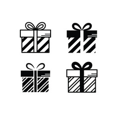 Outline gift box icons vector set. Black and white present symbols collection. Minimalist striped holiday pictogram kit.