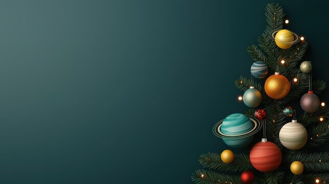  festive Christmas tree adorned with colorful ornaments resembling planets, set against a deep green background.