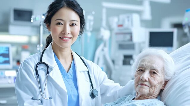 Professional smiling Asian nurse providing care to an aged female patient. Compassionate medical assistance and support in a bright hospital recovery ward. - Powered by Adobe