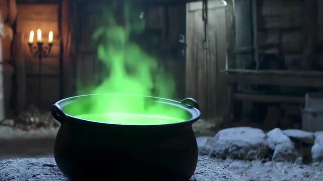 magic potion boiling in a cauldron, glowing green smoke