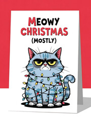christmas poster with grumpy cat and meowy christmas text, christmas card with humorous feline theme, festive card with colorful lights and red background
