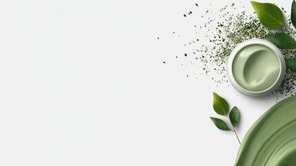 Skincare cream, green leaves placed on a clean white background, with space in the top left for text or a logo. Perfect for beauty, skincare marketing, and brand promotion.