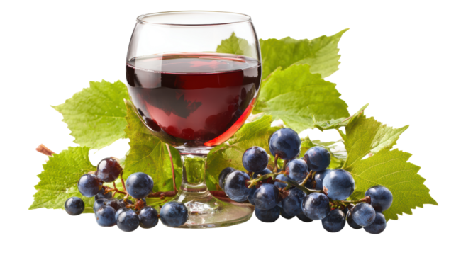 Red wine glass with grapes and leaves, isolated on a white background.