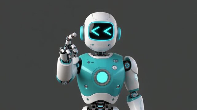 Friendly Teal and White Robot with Glowing Blue Accents and Digital Screen Face Offers a Playful Wink Against a Neutral Background