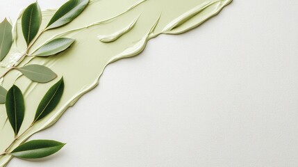 Skincare cream, green leaves placed on a clean white background, with space in the top left for text or a logo. Perfect for beauty, skincare marketing, and brand promotion.