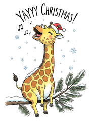 christmas poster with giraffe singing yayyy christmas, christmas card with santa hat and musical notes, festive card with whimsical animal and snowflakes
