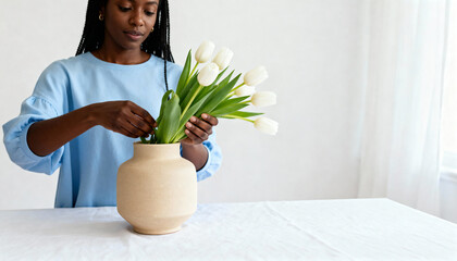 Black woman arranging a bouquet of white tulips in a beige ceramic vase. Minimalist home decor and floristry hobby with copy space
