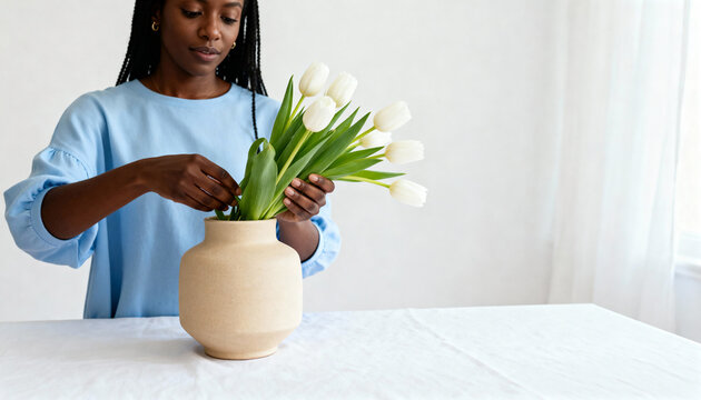 Black woman arranging a bouquet of white tulips in a beige ceramic vase. Minimalist home decor and floristry hobby with copy space - Powered by Adobe