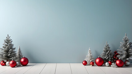 A minimalist Christmas background with flocked evergreen trees and red and silver ornaments on a white wooden floor and blue wall.