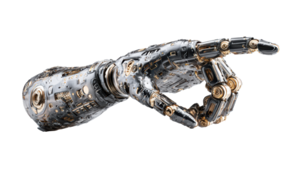 Robotic hand design with intricate details, isolated on white background.