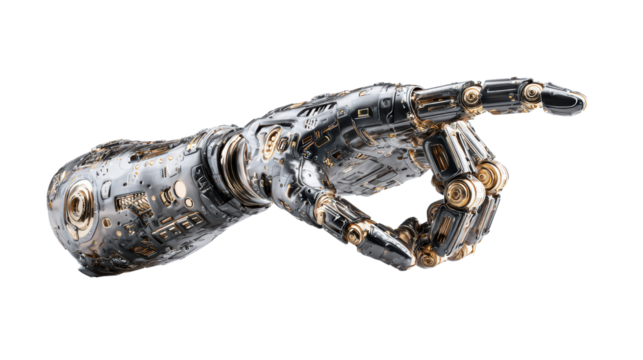 Robotic hand design with intricate details, isolated on white background.
