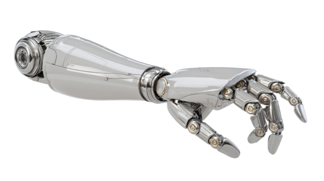 Robotic hand with metallic finish, displaying intricate engineering and design, isolated on white background.
