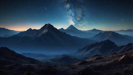 Majestic mountainous landscape at night under a clear starry sky with the milky way visible, showcasing a tranquil and dramatic vista.