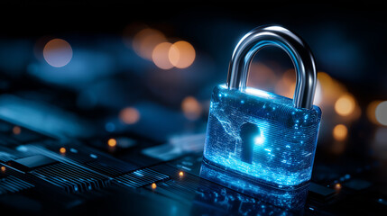 High-tech blue digital padlock glowing, defocused circuit background, cybersecurity symbol, data protection concept, unauthorized access prevention, network security visualization,