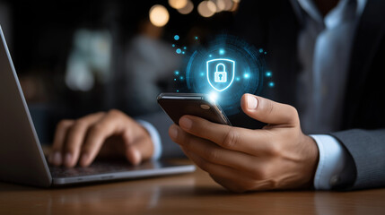 Faceless businessman using smartphone with login interface, defocused laptop background, digital security concept, password authentication technology, online privacy management, id