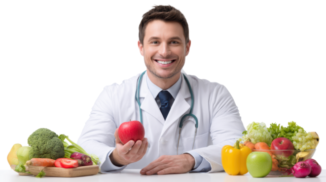 Smiling doctor holding an apple surrounded by fresh vegetables and fruits, isolated on a white background.