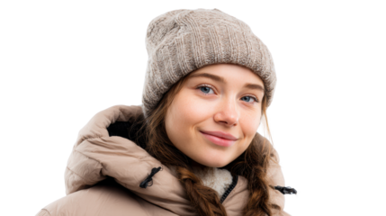 Smiling young woman wearing a cozy hat and jacket, isolated on white background.