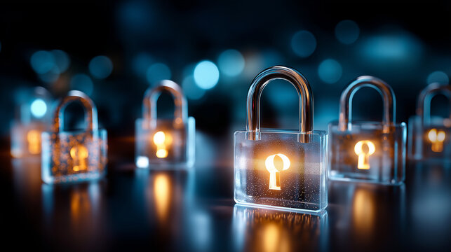 Multiple glowing padlock icons with vault, defocused dark background, digital security concept, data protection visualization, cybersecurity infrastructure, information safety syst