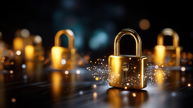 Multiple glowing padlock icons with vault, defocused dark background, digital security concept, data protection visualization, cybersecurity infrastructure, information safety syst