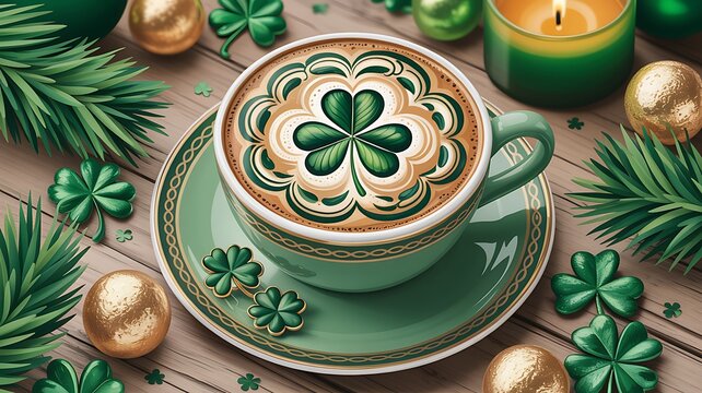 St patrick's day themed coffee with shamrock latte art and decorations