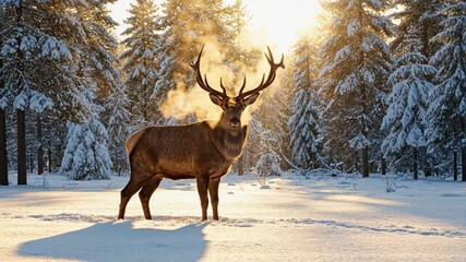 Red Deer Stag Standing In Snowy Forest At Golden Hour - Powered by Adobe