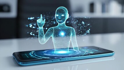 A futuristic digital avatar emerges from a smartphone screen, showcasing advanced technology and artificial intelligence. - Powered by Adobe