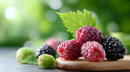 Burst of Berries: A vibrant array of fresh, ripe berries, glistening with natural freshness, sit on a wooden surface, set against a blurred backdrop of verdant greenery.