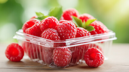 Vibrant Raspberry Bounty: A clear container overflows with a plump harvest of radiant red raspberries, accented by verdant green leaves.