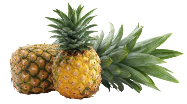 Two fresh pineapples with green leaves on a white isolate background.