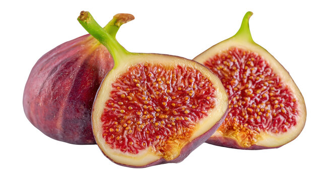 Two ripe, sliced figs showcasing rich color and texture, isolated on a white background.