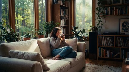 Young woman relaxing on a cozy sofa while drinking hot coffee in a sunlit living room, morning light through large windows with houseplants creating calm home comfort and mindful routine
